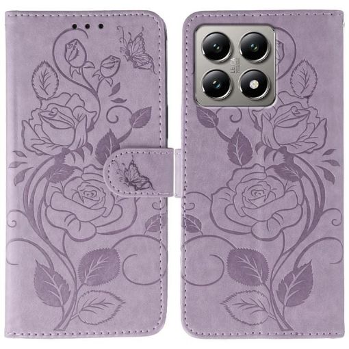 Xiaomi 14T Pro Purple Rose Butterfly Embossed Leather Phone Case - 1
