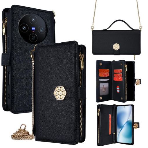 Vivo X200s 5G Black Crossbody Leather Phone Case - Cross Texture - 1