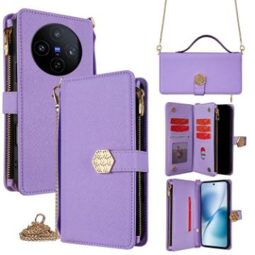 Vivo X200s 5G Crossbody Leather Phone Case - Purple, Cross Texture - 1