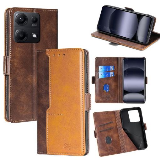Redmi Note 14S 4G Leather Phone Case, Dark Brown & Gold Contrast - 1