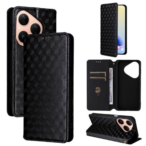 Huawei Pura 80 5G Flip Leather Phone Case Black - Cubic Grid Texture - 1