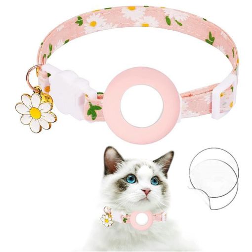 AirTag Tracker Silicone Cover Daisy Pet Collar with Bell (Pink) - 1