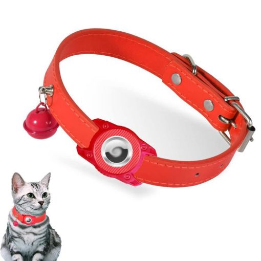 Waterproof Leather Pet Collar for AirTag Tracker - Anti-Lost Cat Locator (Red) - 1