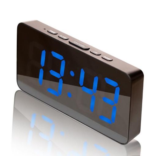 LED Mirror Digital Clock, Type-C Port, 18650 Battery Slot, Black+Blue - 1