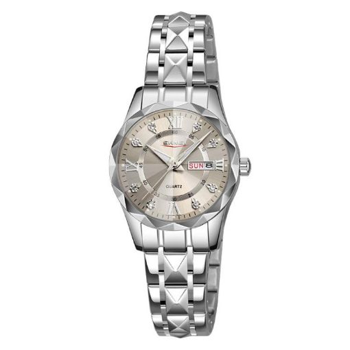 SKMEI Women's Quartz Watch, Silver Case, Gray Dial, Diamond, Waterproof - 1