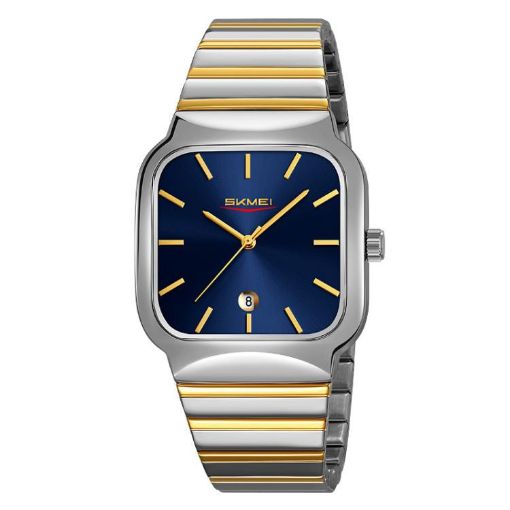 SKMEI 9361 Silver Gold Steel Strap Square Quartz Watch Blue Dial - 1