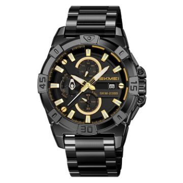 SKMEI 2399 Men's Quartz Watch - Black Gold Steel Band, Business Casual - 1