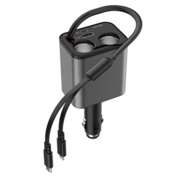 120W Retractable USB Car Charger with Cigarette Lighter - 8 Pin & Type-C - 1