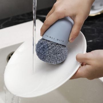 Blue Polyester Cleaning Ball Brush - Short Handle Kitchen Dishwashing Tool - 1