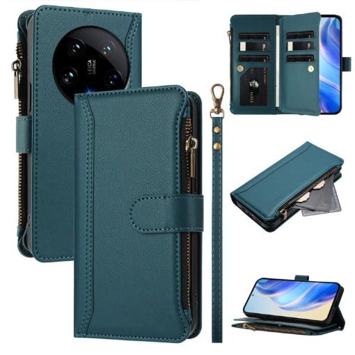 Xiaomi 14 Ultra Dark Green Leather Case - 9 Card Slots & Hand Strap - 1