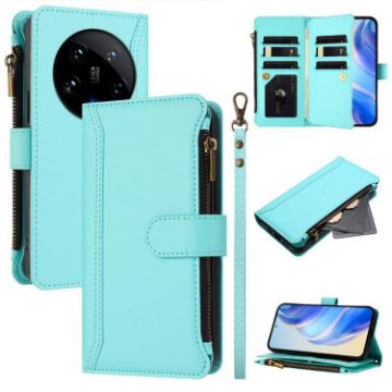 Xiaomi 14 Ultra Leather Case - 9 Card Slots, Zipper, Hand Strap, Mint Green - 1
