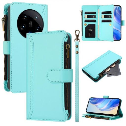 Xiaomi 14 Ultra Leather Case - 9 Card Slots, Zipper, Hand Strap, Mint Green - 1