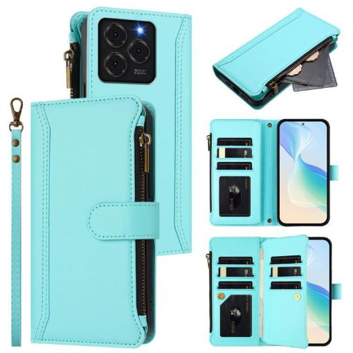 Ulefone Note 20 Pro Leather Case - 9 Card Slots, Zipper, Hand Strap, Mint Green - 1