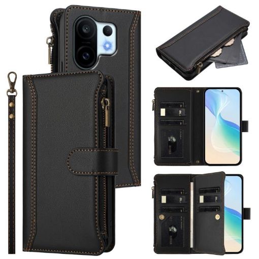 Vivo S30 Pro Mini Black Leather Case with 9 Card Slots & Hand Strap - 1