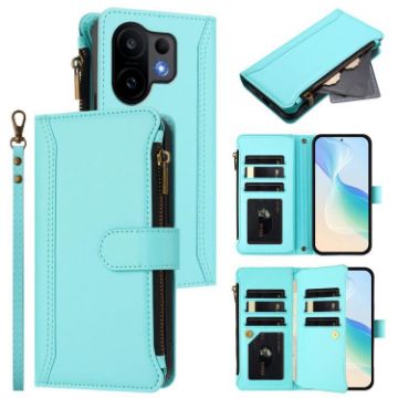 Vivo S30 Mint Green Leather Case: 9 Card Slots, Zipper, Hand Strap - 1