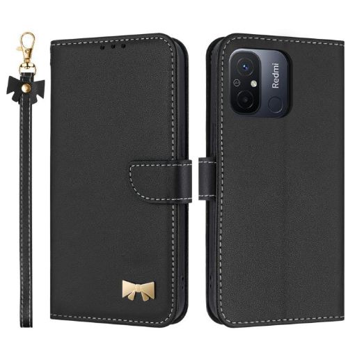 Redmi 11A/12C Black Metal Bow Leather Phone Case with Hand Strap - 1
