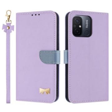 Redmi 11A/12C Purple Metal Bow Leather Phone Case with Hand Strap - 1
