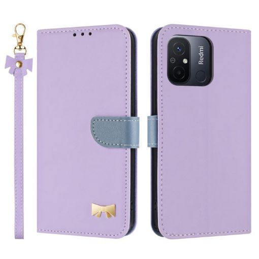 Redmi 11A/12C Purple Metal Bow Leather Phone Case with Hand Strap - 1