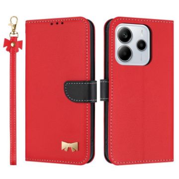 Redmi Note 14 5G Leather Phone Case with Hand Strap - Red Metal Bow - 1