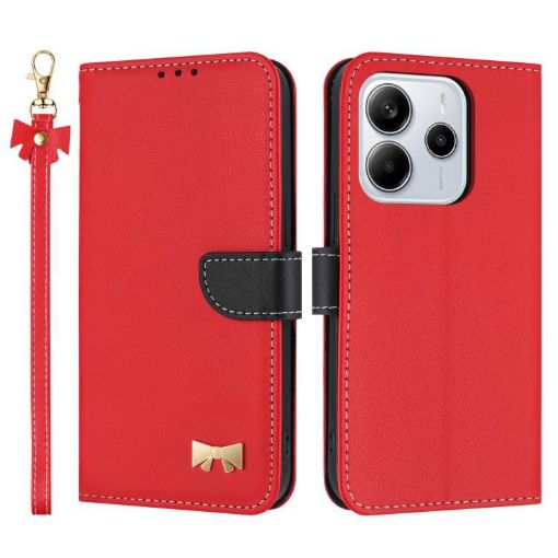 Redmi Note 14 5G Leather Phone Case with Hand Strap - Red Metal Bow - 1