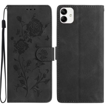 Samsung Galaxy A04 Black Leather Case with Rose Flower Embossing Pattern - 1
