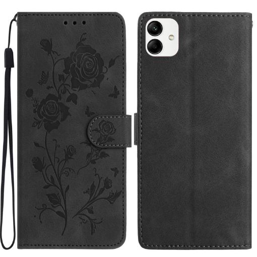 Samsung Galaxy A04 Black Leather Case with Rose Flower Embossing Pattern - 1