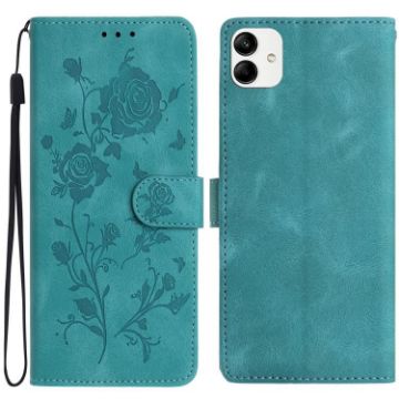 Samsung Galaxy A04e Green Leather Case with Rose Flower Embossing - 1