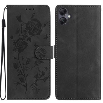 Samsung Galaxy A05 Black Leather Case with Rose Flower Embossing - 1