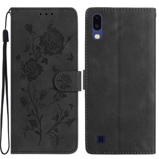 Samsung Galaxy A10/M10 Black Rose Embossed Leather Phone Case - 1
