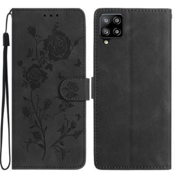 Samsung Galaxy A12 Black Leather Case with Rose Flower Embossing - 1