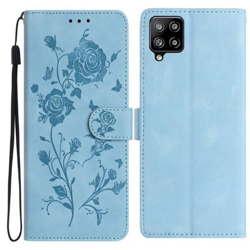 Samsung Galaxy A12 Sky Blue Rose Embossed Leather Phone Case - 1