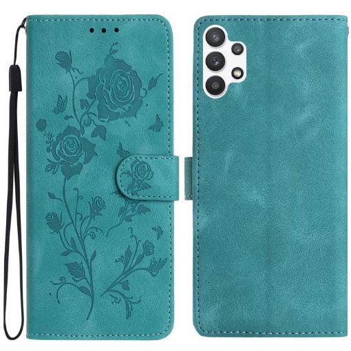 Samsung Galaxy A13 4G Green Leather Case with Rose Flower Embossing - 1