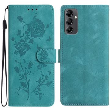 Samsung Galaxy A14 Green Leather Case with Rose Flower Embossing Pattern - 1