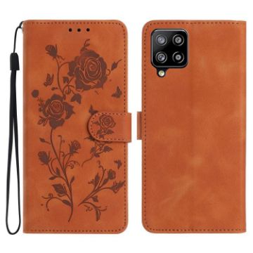 Samsung Galaxy A22 Brown Leather Case with Rose Flower Embossing - 1