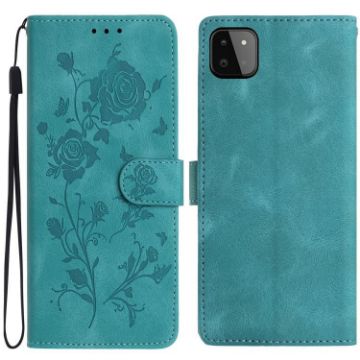 Samsung Galaxy A22 5G Green Rose Embossed Leather Phone Case - 1