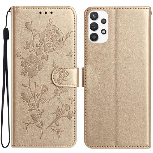 Samsung Galaxy A23 Gold Leather Case with Rose Flower Embossing - 1