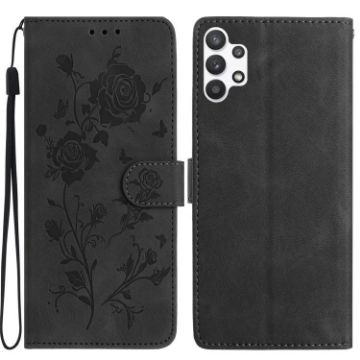 Samsung Galaxy A32 5G Black Leather Case with Rose Flower Embossing - 1