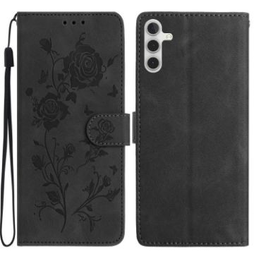 Samsung Galaxy A34 Black Leather Case with Rose Flower Embossing Pattern - 1