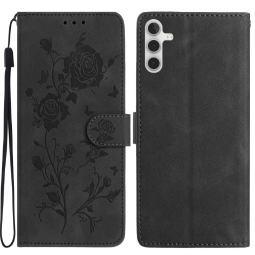 Samsung Galaxy A34 Black Leather Case with Rose Flower Embossing Pattern - 1