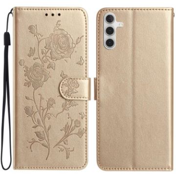 Samsung Galaxy A35 Gold Leather Case with Rose Flower Embossing Pattern - 1