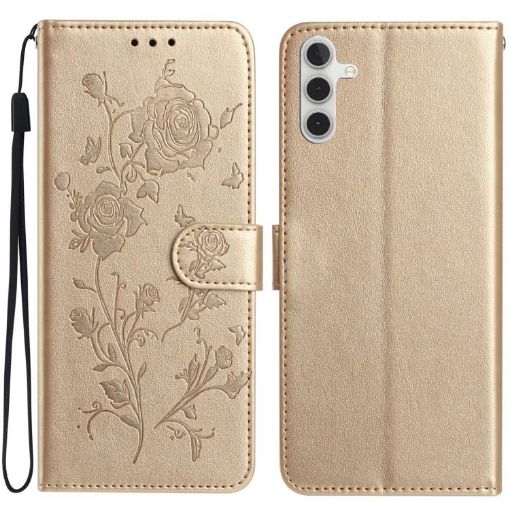 Samsung Galaxy A35 Gold Leather Case with Rose Flower Embossing Pattern - 1