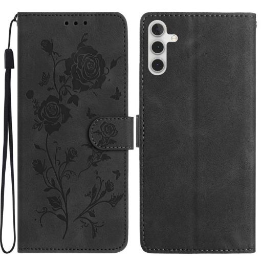 Samsung Galaxy A36 Black Leather Case - Rose Flower Embossing Pattern - 1
