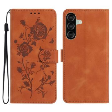 Samsung Galaxy A36 Brown Leather Case with Rose Flower Embossing Pattern - 1
