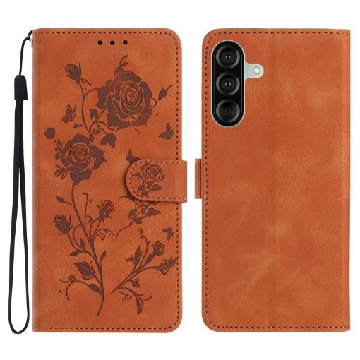 Samsung Galaxy A36 Brown Leather Case with Rose Flower Embossing Pattern - 1