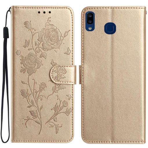 Samsung Galaxy A40 Gold Leather Case with Rose Flower Embossing Pattern - 1