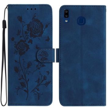 Samsung Galaxy A40 Dark Blue Rose Embossed Leather Phone Case - 1