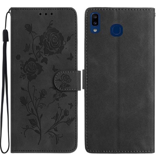Samsung Galaxy A40 Black Leather Case with Rose Flower Embossing Pattern - 1