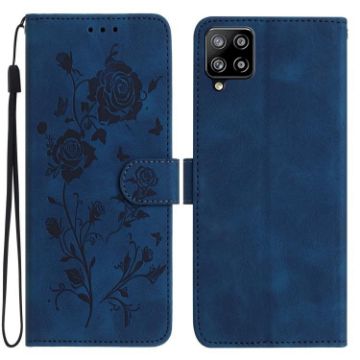 Samsung Galaxy A42 Dark Blue Rose Embossed Leather Phone Case - 1