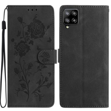 Samsung Galaxy A42 Black Leather Case with Rose Flower Embossing Pattern - 1