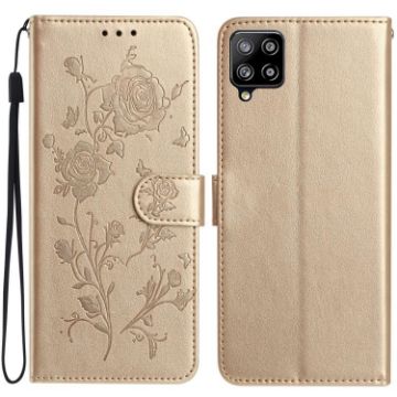 Samsung Galaxy A42 5G Gold Rose Flower Embossed Leather Phone Case - 1